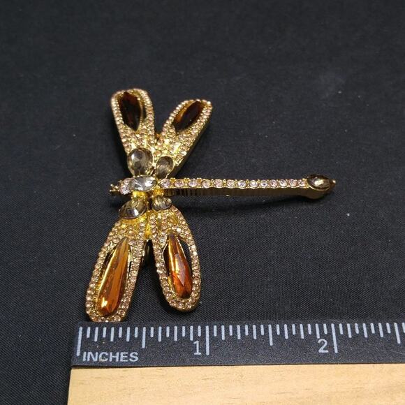 Dragonfly Rhinestone Topaz Brooch, Hallmark on Back, 2 Inches - Picture 7 of 8
